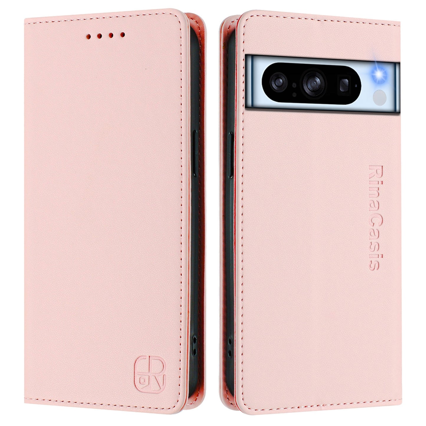 Google Pixel 8 Pro Dual-Folded Magnetic Suction RFID Blocking PU Leather Wallet Phone Case with Card Slots, Cash Pocket, Kickstand, Full Protective Flip Cover