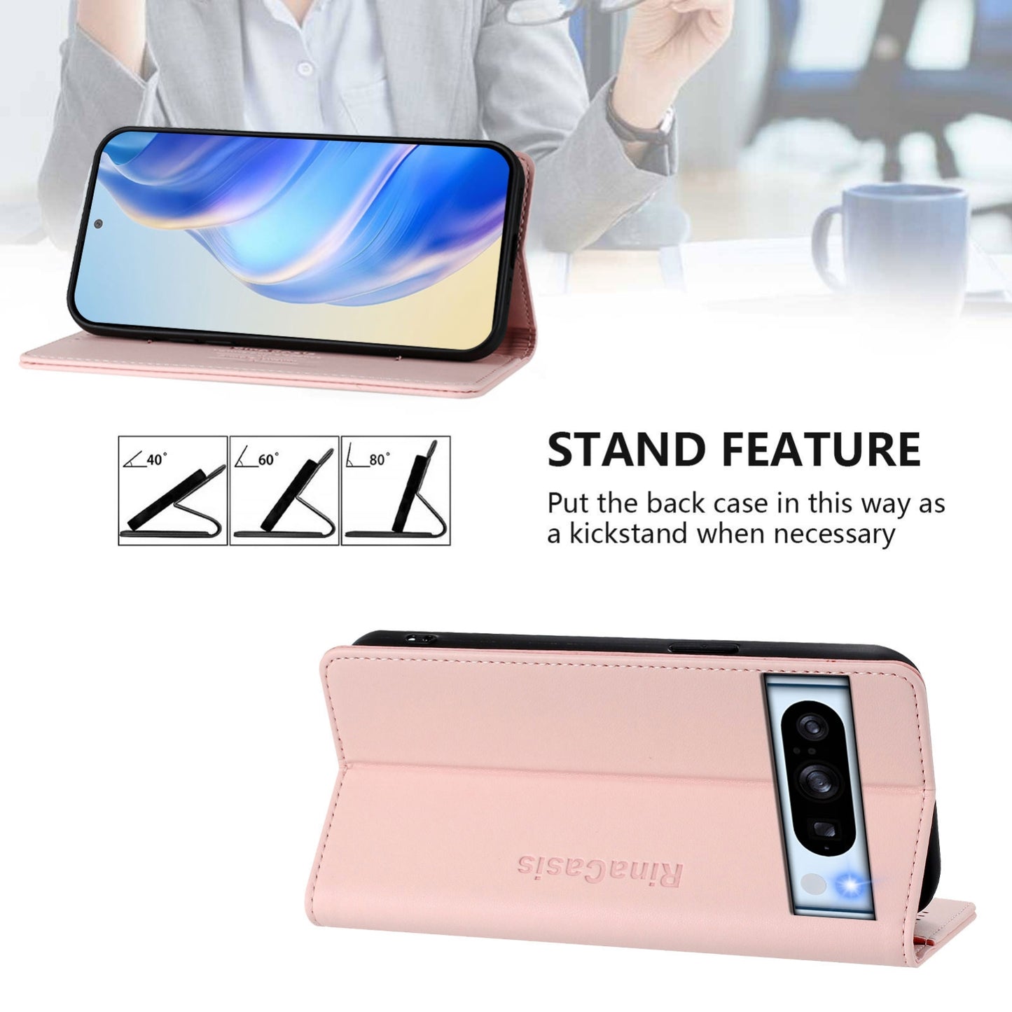 Google Pixel 8 Pro Dual-Folded Magnetic Suction RFID Blocking PU Leather Wallet Phone Case with Card Slots, Cash Pocket, Kickstand, Full Protective Flip Cover