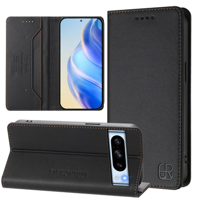 Google Pixel 8 Pro Dual-Folded Magnetic Suction RFID Blocking PU Leather Wallet Phone Case with Card Slots, Cash Pocket, Kickstand, Full Protective Flip Cover