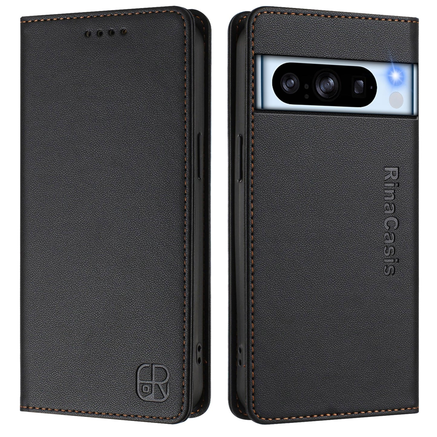 Google Pixel 8 Pro Dual-Folded Magnetic Suction RFID Blocking PU Leather Wallet Phone Case with Card Slots, Cash Pocket, Kickstand, Full Protective Flip Cover