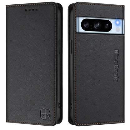 Google Pixel 8 Pro Dual-Folded Magnetic Suction RFID Blocking PU Leather Wallet Phone Case with Card Slots, Cash Pocket, Kickstand, Full Protective Flip Cover