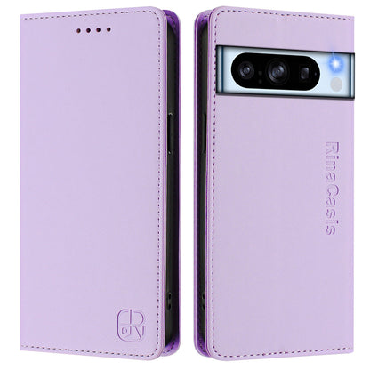 Google Pixel 8 Pro Dual-Folded Magnetic Suction RFID Blocking PU Leather Wallet Phone Case with Card Slots, Cash Pocket, Kickstand, Full Protective Flip Cover