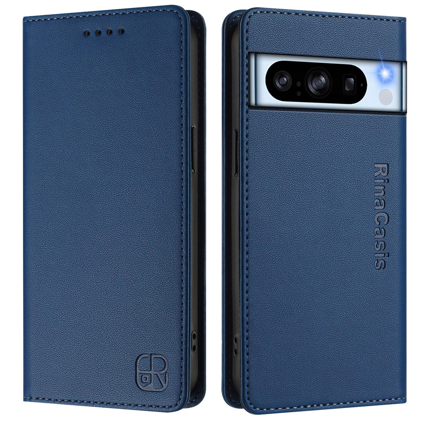 Google Pixel 8 Pro Dual-Folded Magnetic Suction RFID Blocking PU Leather Wallet Phone Case with Card Slots, Cash Pocket, Kickstand, Full Protective Flip Cover