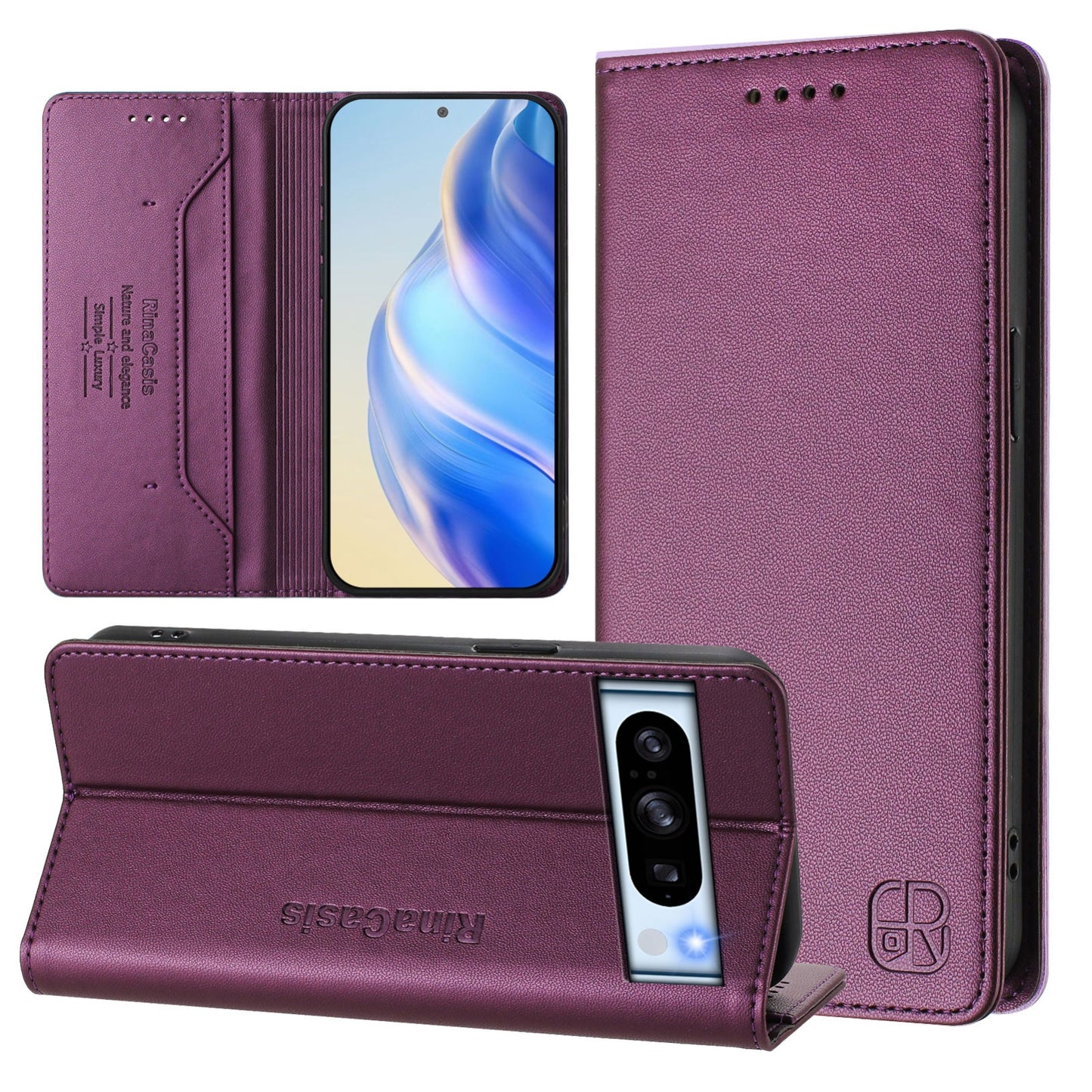 Google Pixel 8 Pro Dual-Folded Magnetic Suction RFID Blocking PU Leather Wallet Phone Case with Card Slots, Cash Pocket, Kickstand, Full Protective Flip Cover
