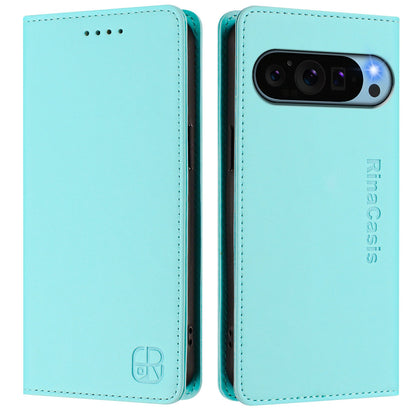 Google Pixel 9 Pro Dual-Folded Magnetic Suction RFID Blocking PU Leather Wallet Phone Case with Card Slots, Cash Pocket, Kickstand, Full Protective Flip Cover