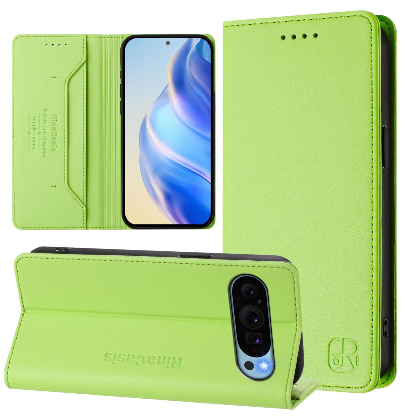 Google Pixel 9 Dual-Folded Magnetic Suction RFID Blocking PU Leather Wallet Phone Case with Card Slots, Cash Pocket, Kickstand, Full Protective Flip Cover