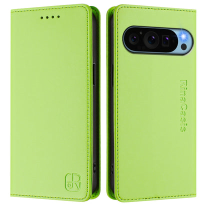 Google Pixel 9 Dual-Folded Magnetic Suction RFID Blocking PU Leather Wallet Phone Case with Card Slots, Cash Pocket, Kickstand, Full Protective Flip Cover