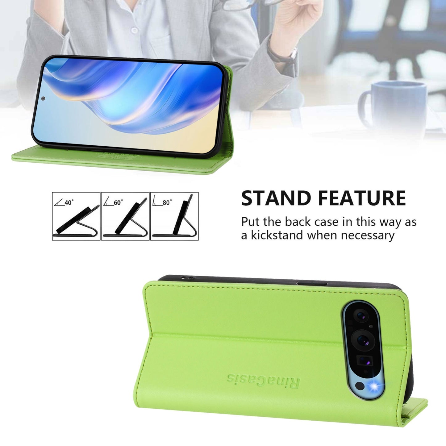 Google Pixel 9 Dual-Folded Magnetic Suction RFID Blocking PU Leather Wallet Phone Case with Card Slots, Cash Pocket, Kickstand, Full Protective Flip Cover