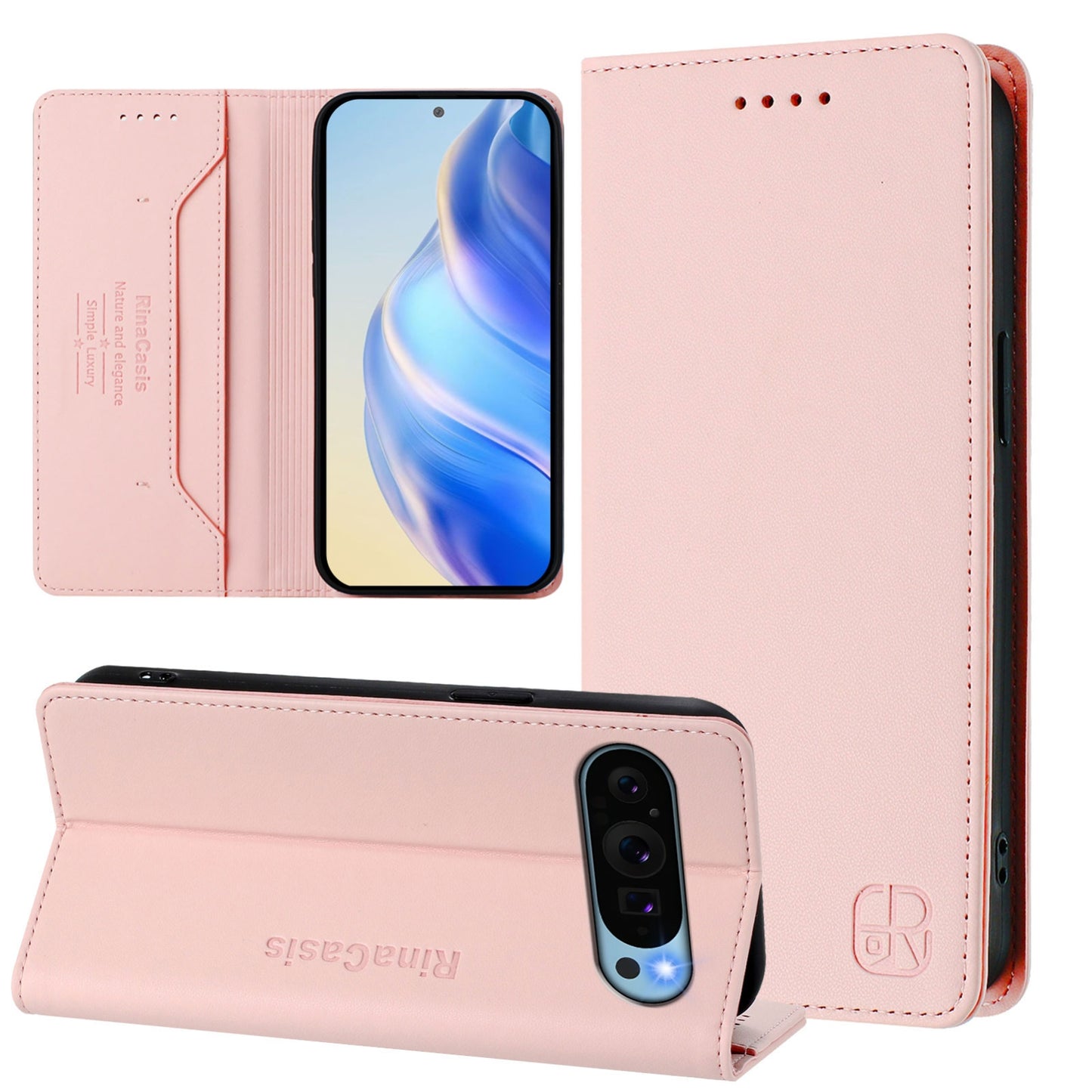 Google Pixel 9 Dual-Folded Magnetic Suction RFID Blocking PU Leather Wallet Phone Case with Card Slots, Cash Pocket, Kickstand, Full Protective Flip Cover