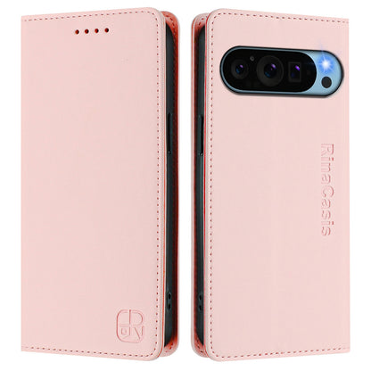 Google Pixel 9 Dual-Folded Magnetic Suction RFID Blocking PU Leather Wallet Phone Case with Card Slots, Cash Pocket, Kickstand, Full Protective Flip Cover
