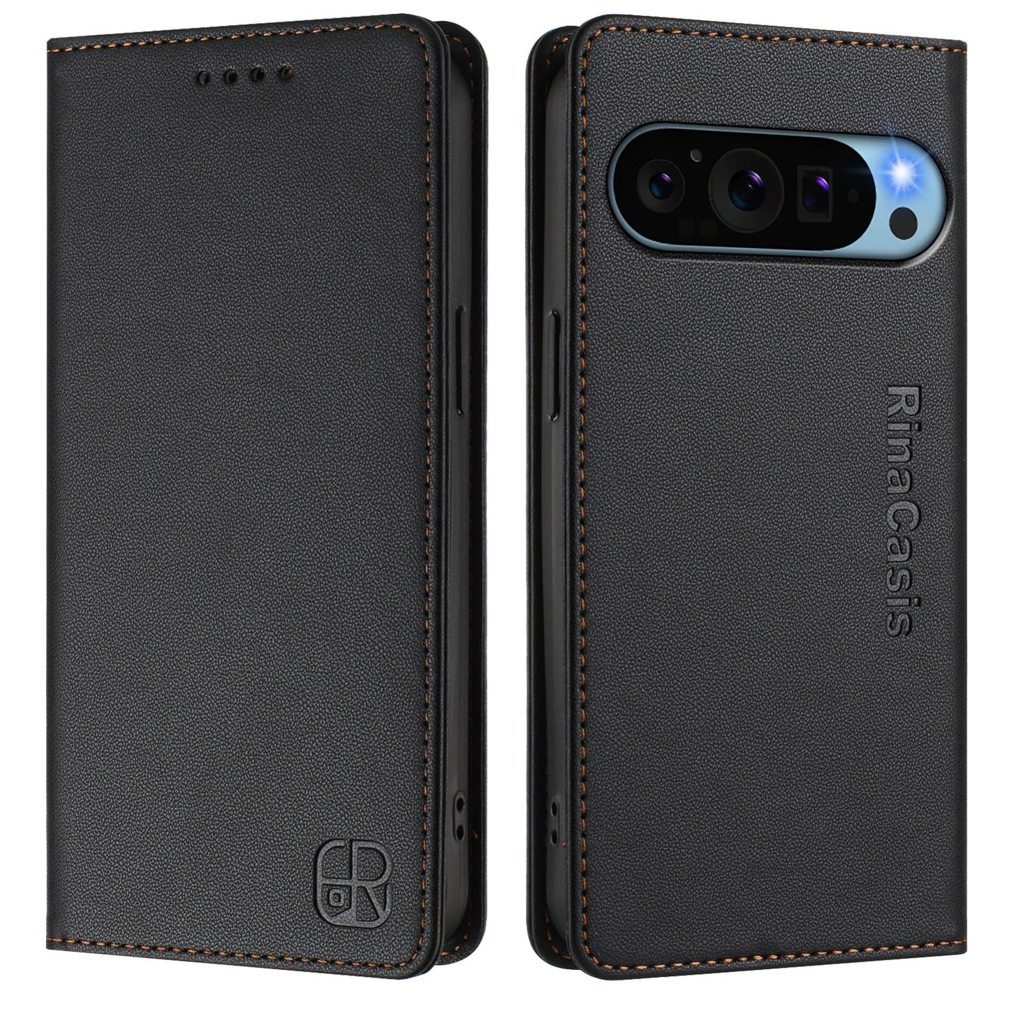 Google Pixel 9 Dual-Folded Magnetic Suction RFID Blocking PU Leather Wallet Phone Case with Card Slots, Cash Pocket, Kickstand, Full Protective Flip Cover