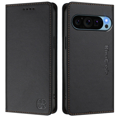 Google Pixel 9 Pro Dual-Folded Magnetic Suction RFID Blocking PU Leather Wallet Phone Case with Card Slots, Cash Pocket, Kickstand, Full Protective Flip Cover