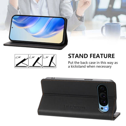 Google Pixel 9 Pro Dual-Folded Magnetic Suction RFID Blocking PU Leather Wallet Phone Case with Card Slots, Cash Pocket, Kickstand, Full Protective Flip Cover