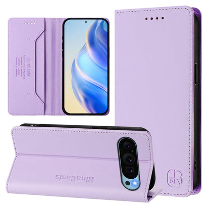 Google Pixel 9 Dual-Folded Magnetic Suction RFID Blocking PU Leather Wallet Phone Case with Card Slots, Cash Pocket, Kickstand, Full Protective Flip Cover