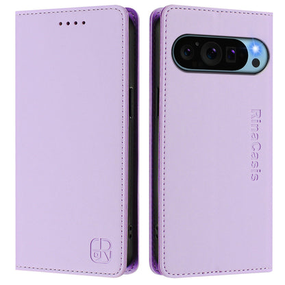 Google Pixel 9 Dual-Folded Magnetic Suction RFID Blocking PU Leather Wallet Phone Case with Card Slots, Cash Pocket, Kickstand, Full Protective Flip Cover