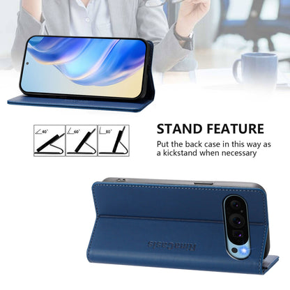 Google Pixel 9 Pro Dual-Folded Magnetic Suction RFID Blocking PU Leather Wallet Phone Case with Card Slots, Cash Pocket, Kickstand, Full Protective Flip Cover