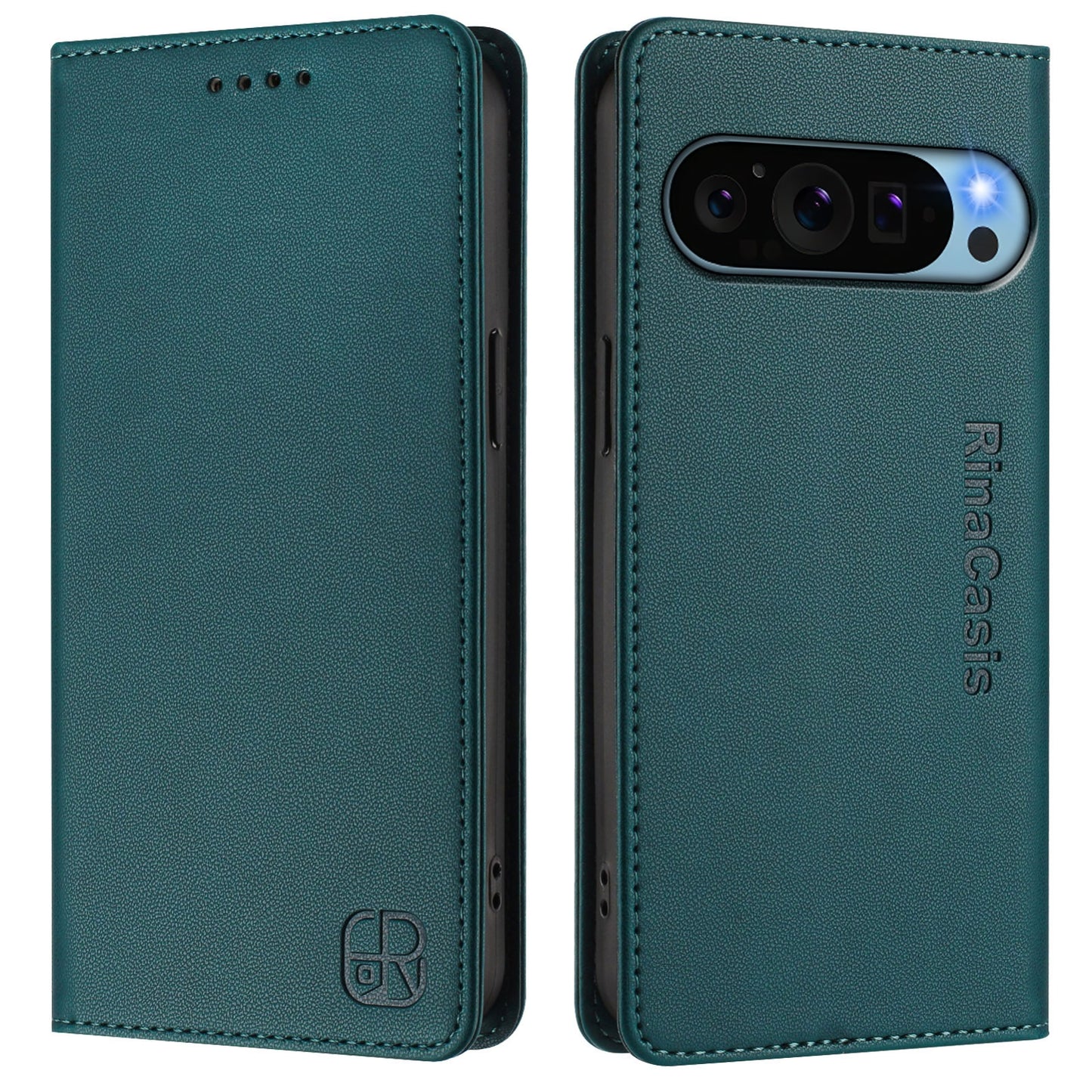 Google Pixel 9 Pro Dual-Folded Magnetic Suction RFID Blocking PU Leather Wallet Phone Case with Card Slots, Cash Pocket, Kickstand, Full Protective Flip Cover