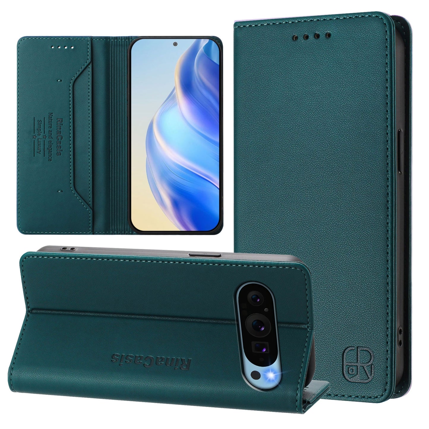 Google Pixel 9 Pro Dual-Folded Magnetic Suction RFID Blocking PU Leather Wallet Phone Case with Card Slots, Cash Pocket, Kickstand, Full Protective Flip Cover