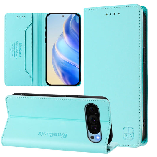 Google Pixel 9 Pro XL Dual-Folded Magnetic Suction RFID Blocking PU Leather Wallet Phone Case with Card Slots, Cash Pocket, Kickstand, Full Protective Flip Cover