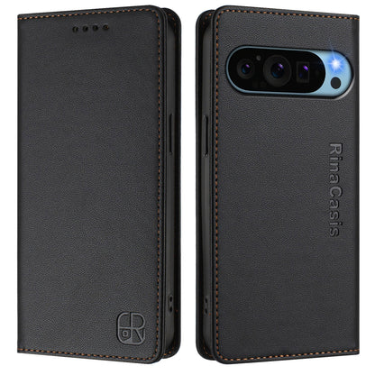 Google Pixel 9 Pro XL Dual-Folded Magnetic Suction RFID Blocking PU Leather Wallet Phone Case with Card Slots, Cash Pocket, Kickstand, Full Protective Flip Cover