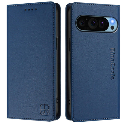 Google Pixel 9 Pro XL Dual-Folded Magnetic Suction RFID Blocking PU Leather Wallet Phone Case with Card Slots, Cash Pocket, Kickstand, Full Protective Flip Cover