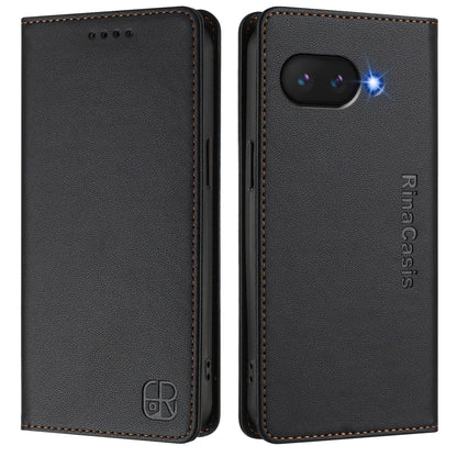 Google Pixel 9a Dual-Folded Magnetic Suction RFID Blocking PU Leather Wallet Phone Case with Card Slots, Cash Pocket, Kickstand, Full Protective Flip Cover
