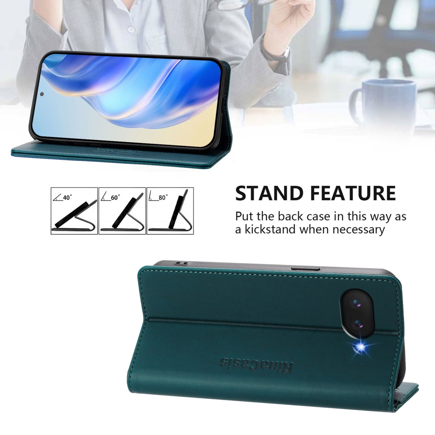Google Pixel 9a Dual-Folded Magnetic Suction RFID Blocking PU Leather Wallet Phone Case with Card Slots, Cash Pocket, Kickstand, Full Protective Flip Cover