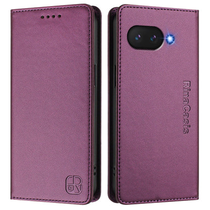 Google Pixel 9a Dual-Folded Magnetic Suction RFID Blocking PU Leather Wallet Phone Case with Card Slots, Cash Pocket, Kickstand, Full Protective Flip Cover