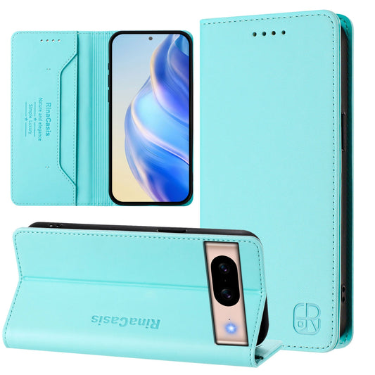Google Pixel 8a Dual-Folded Magnetic Suction RFID Blocking PU Leather Wallet Phone Case with Card Slots, Cash Pocket, Kickstand, Full Protective Flip Cover