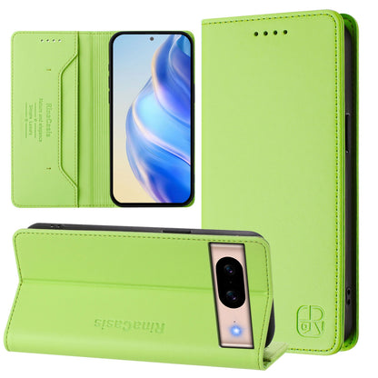 Google Pixel 8a Dual-Folded Magnetic Suction RFID Blocking PU Leather Wallet Phone Case with Card Slots, Cash Pocket, Kickstand, Full Protective Flip Cover