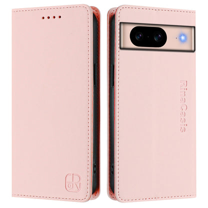 Google Pixel 8a Dual-Folded Magnetic Suction RFID Blocking PU Leather Wallet Phone Case with Card Slots, Cash Pocket, Kickstand, Full Protective Flip Cover
