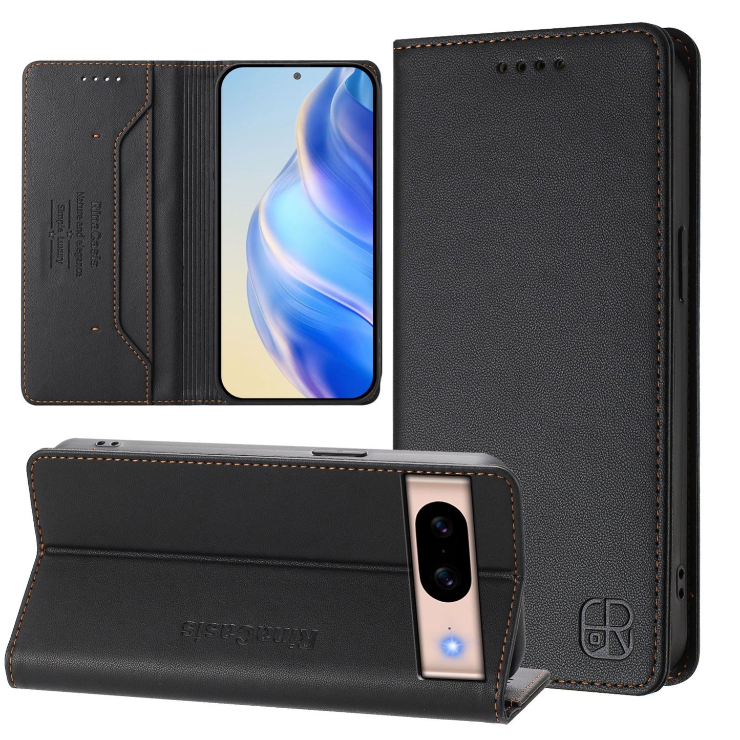 Google Pixel 8a Dual-Folded Magnetic Suction RFID Blocking PU Leather Wallet Phone Case with Card Slots, Cash Pocket, Kickstand, Full Protective Flip Cover