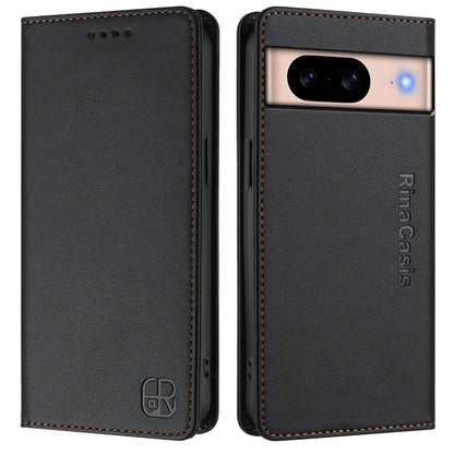 Google Pixel 8a Dual-Folded Magnetic Suction RFID Blocking PU Leather Wallet Phone Case with Card Slots, Cash Pocket, Kickstand, Full Protective Flip Cover