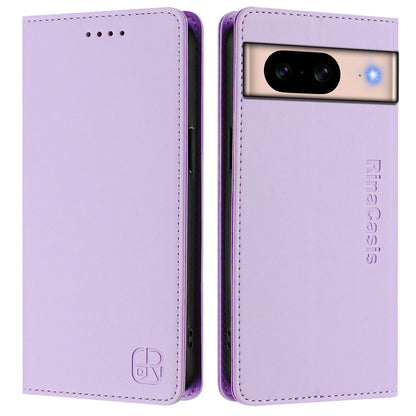Google Pixel 8a Dual-Folded Magnetic Suction RFID Blocking PU Leather Wallet Phone Case with Card Slots, Cash Pocket, Kickstand, Full Protective Flip Cover