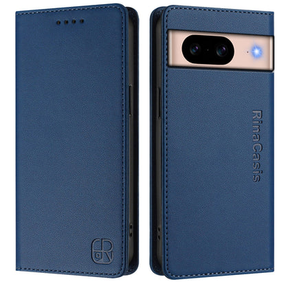 Google Pixel 8a Dual-Folded Magnetic Suction RFID Blocking PU Leather Wallet Phone Case with Card Slots, Cash Pocket, Kickstand, Full Protective Flip Cover