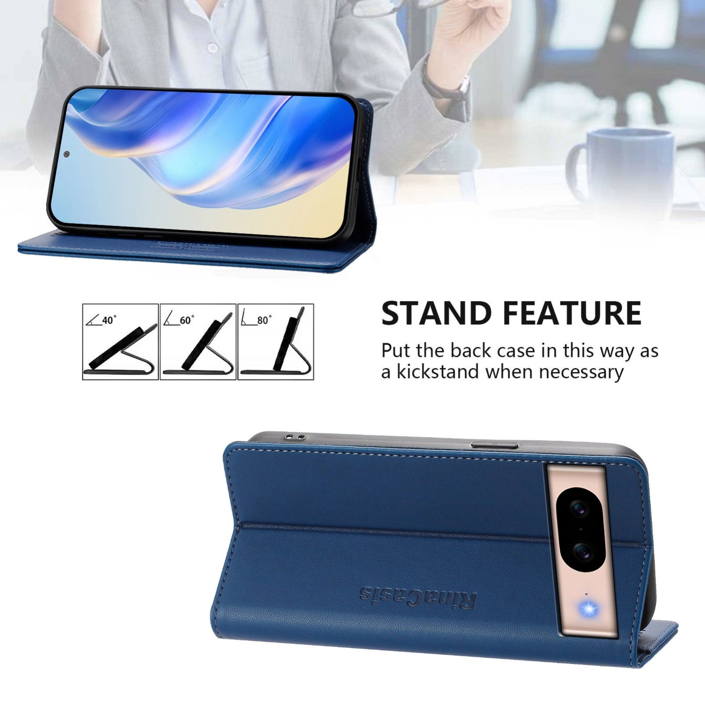 Google Pixel 8a Dual-Folded Magnetic Suction RFID Blocking PU Leather Wallet Phone Case with Card Slots, Cash Pocket, Kickstand, Full Protective Flip Cover