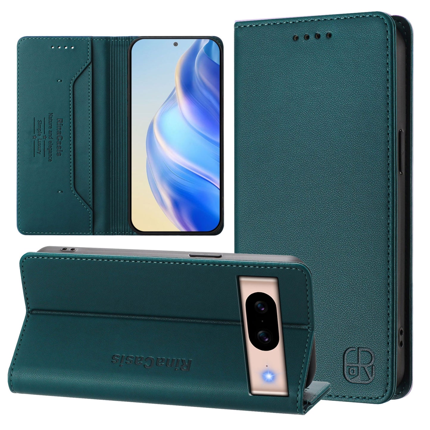 Google Pixel 8a Dual-Folded Magnetic Suction RFID Blocking PU Leather Wallet Phone Case with Card Slots, Cash Pocket, Kickstand, Full Protective Flip Cover