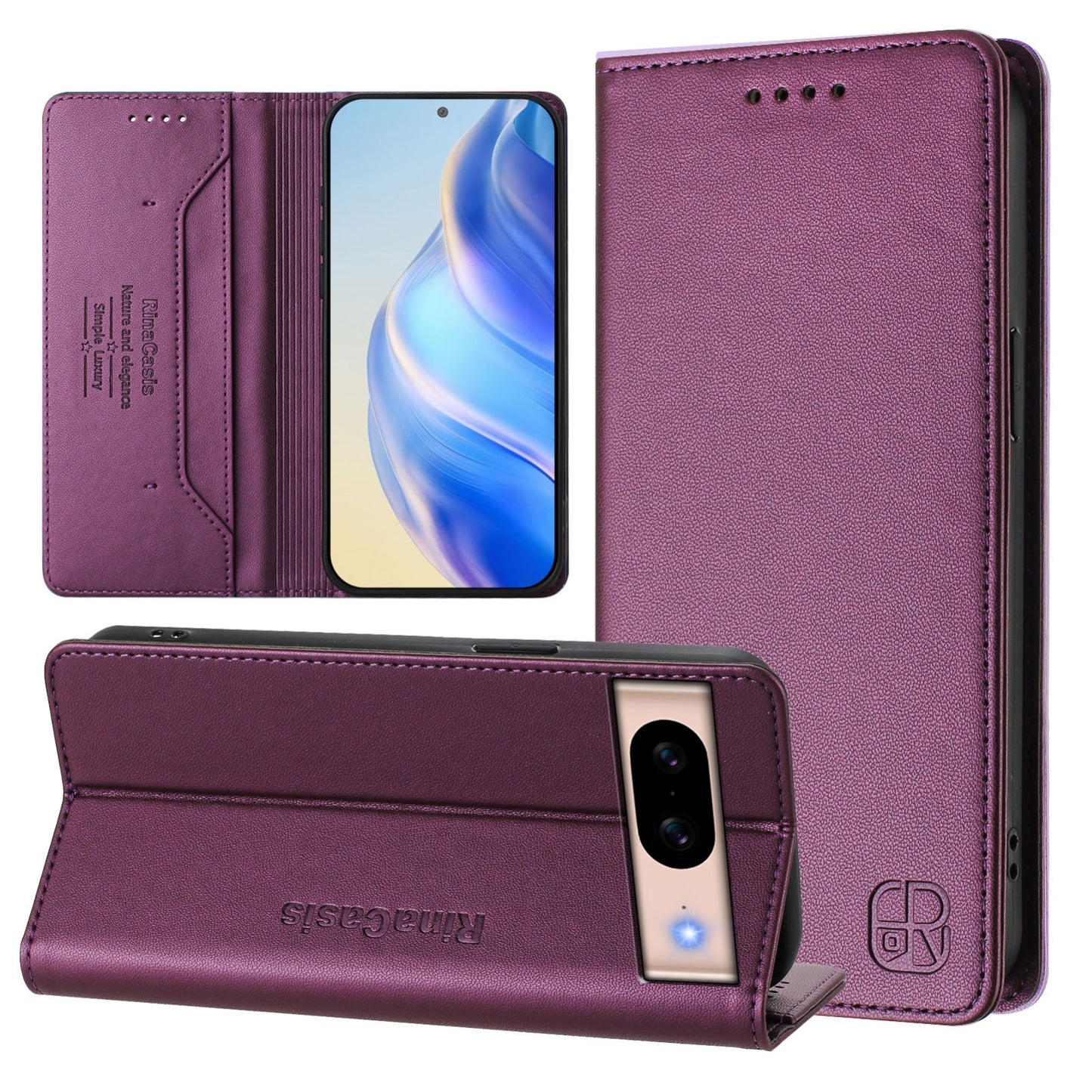 Google Pixel 8a Dual-Folded Magnetic Suction RFID Blocking PU Leather Wallet Phone Case with Card Slots, Cash Pocket, Kickstand, Full Protective Flip Cover
