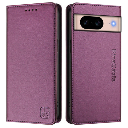 Google Pixel 8a Dual-Folded Magnetic Suction RFID Blocking PU Leather Wallet Phone Case with Card Slots, Cash Pocket, Kickstand, Full Protective Flip Cover
