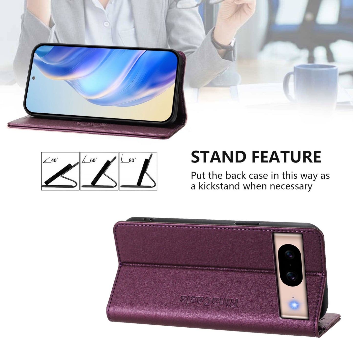 Google Pixel 8a Dual-Folded Magnetic Suction RFID Blocking PU Leather Wallet Phone Case with Card Slots, Cash Pocket, Kickstand, Full Protective Flip Cover