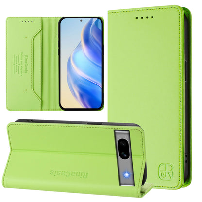 Google Pixel 7a Dual-Folded Magnetic Suction RFID Blocking PU Leather Wallet Phone Case with Card Slots, Cash Pocket, Kickstand, Full Protective Flip Cover
