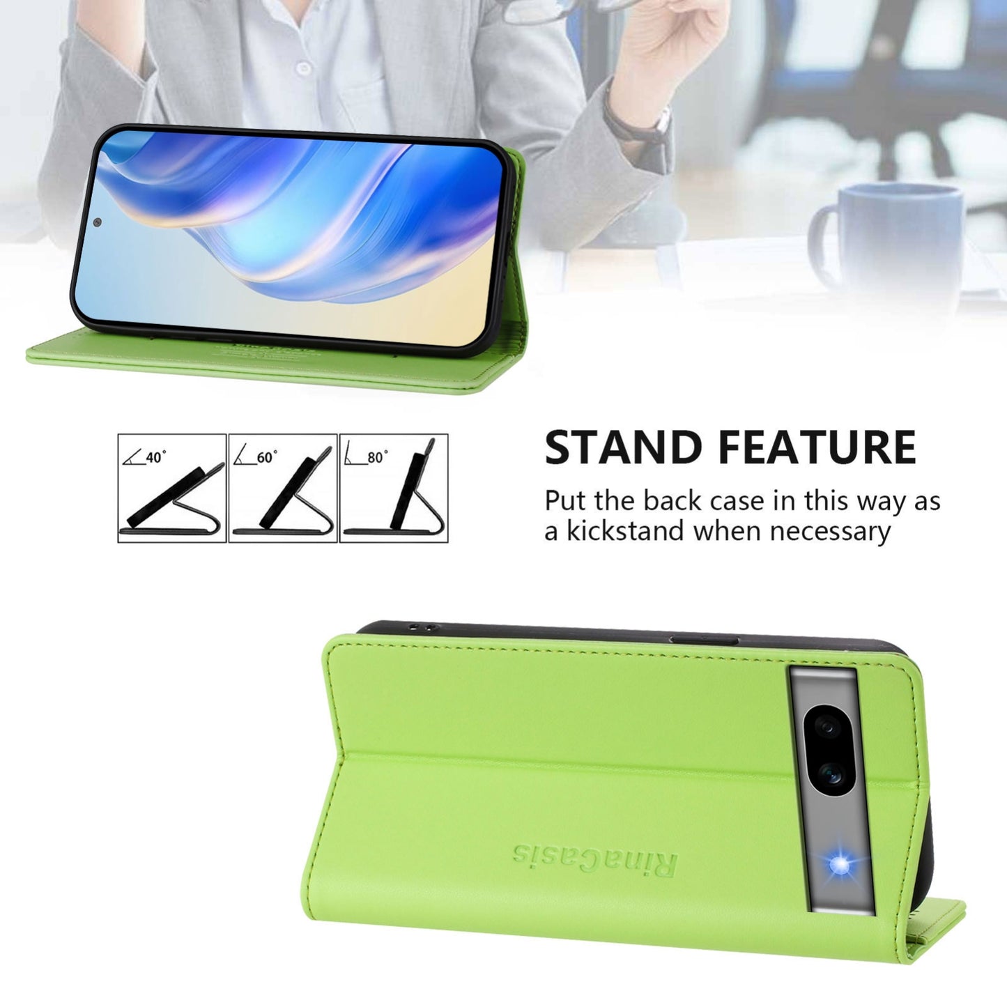 Google Pixel 7a Dual-Folded Magnetic Suction RFID Blocking PU Leather Wallet Phone Case with Card Slots, Cash Pocket, Kickstand, Full Protective Flip Cover