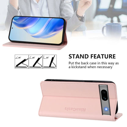 Google Pixel 7a Dual-Folded Magnetic Suction RFID Blocking PU Leather Wallet Phone Case with Card Slots, Cash Pocket, Kickstand, Full Protective Flip Cover