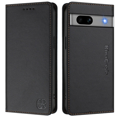 Google Pixel 7a Dual-Folded Magnetic Suction RFID Blocking PU Leather Wallet Phone Case with Card Slots, Cash Pocket, Kickstand, Full Protective Flip Cover