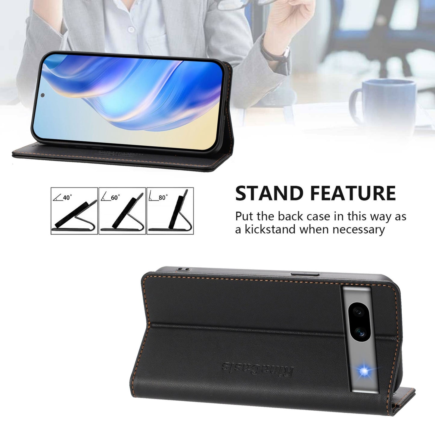 Google Pixel 7a Dual-Folded Magnetic Suction RFID Blocking PU Leather Wallet Phone Case with Card Slots, Cash Pocket, Kickstand, Full Protective Flip Cover