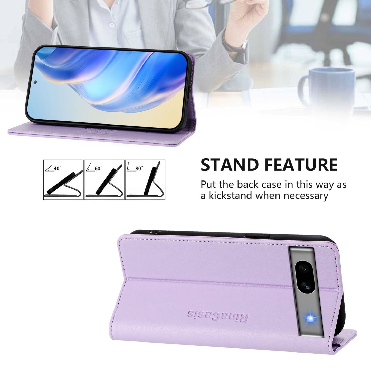 Google Pixel 7a Dual-Folded Magnetic Suction RFID Blocking PU Leather Wallet Phone Case with Card Slots, Cash Pocket, Kickstand, Full Protective Flip Cover