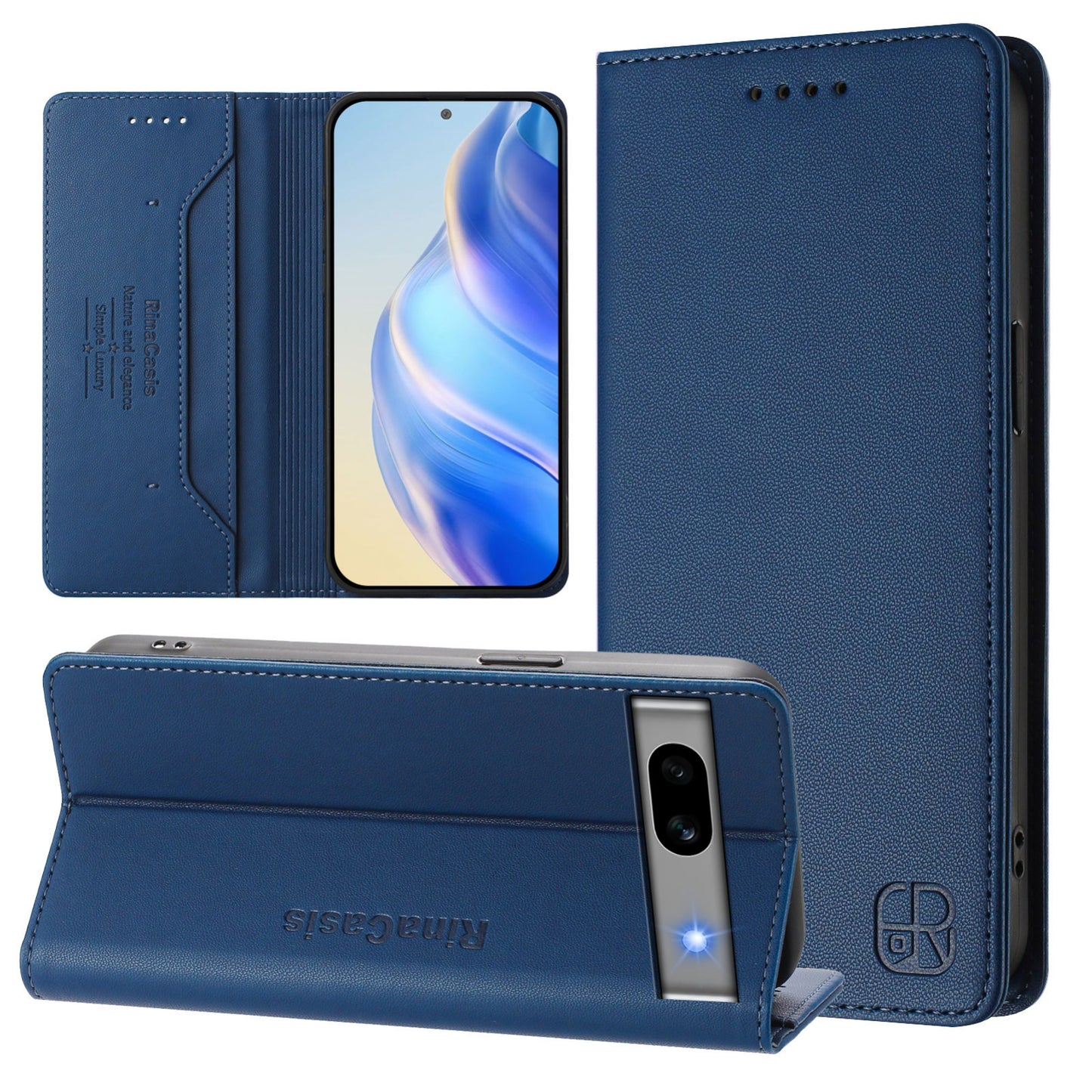 Google Pixel 7a Dual-Folded Magnetic Suction RFID Blocking PU Leather Wallet Phone Case with Card Slots, Cash Pocket, Kickstand, Full Protective Flip Cover