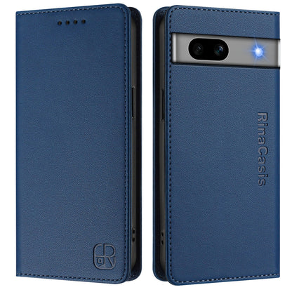 Google Pixel 7a Dual-Folded Magnetic Suction RFID Blocking PU Leather Wallet Phone Case with Card Slots, Cash Pocket, Kickstand, Full Protective Flip Cover