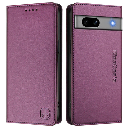 Google Pixel 7a Dual-Folded Magnetic Suction RFID Blocking PU Leather Wallet Phone Case with Card Slots, Cash Pocket, Kickstand, Full Protective Flip Cover