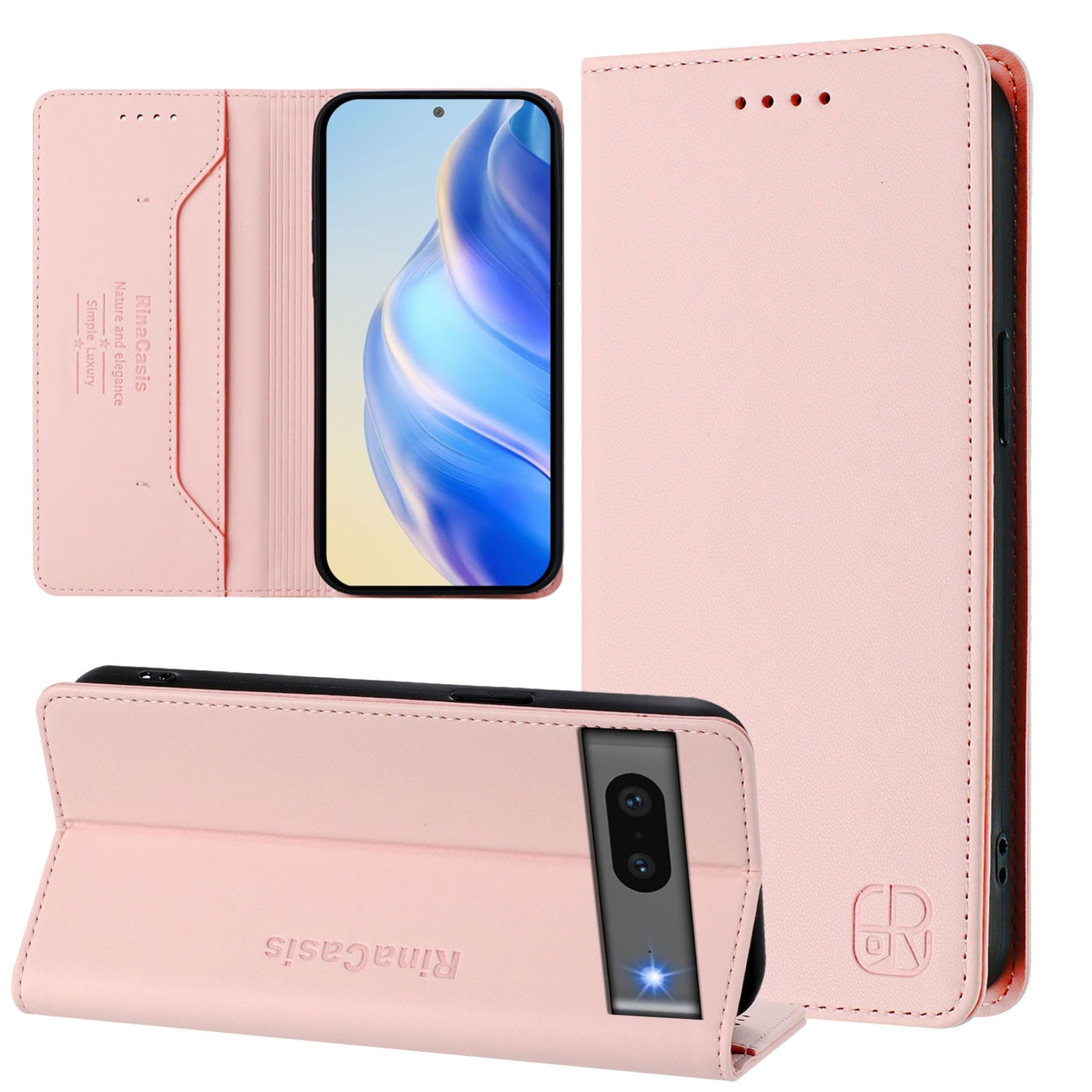 Google Pixel 7 Dual-Folded Magnetic Suction RFID Blocking PU Leather Wallet Phone Case with Card Slots, Cash Pocket, Kickstand, Full Protective Flip Cover